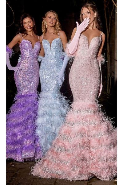 Portia and Scarlett PS24037 -long- Trumpet Prom Dress with Feather Details - Cinderella-Blue / 6 - Dress