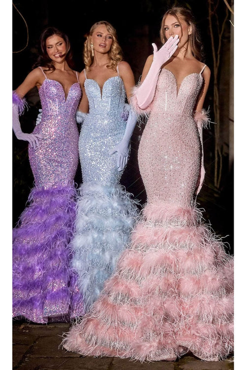 Portia and Scarlett PS24037 -long- Trumpet Prom Dress with Feather Details - Cinderella-Blue / 6 - Dress