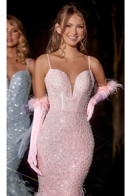Portia and Scarlett PS24037 -long- Trumpet Prom Dress with Feather Details - Cinderella-Blue / 8 - Dress
