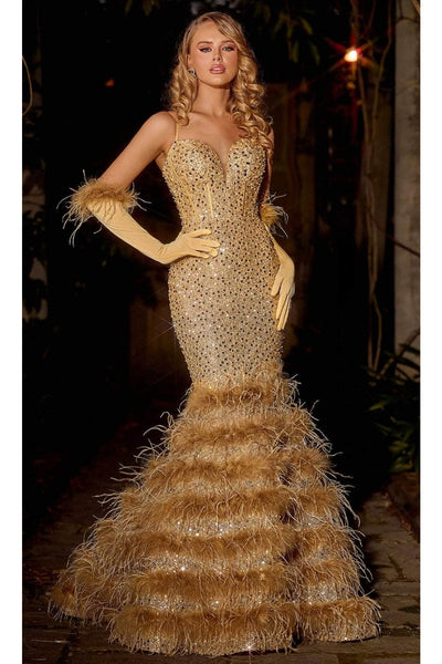 Portia and Scarlett PS24037 -long- Trumpet Prom Dress with Feather Details - Cinderella-Blue / Dress