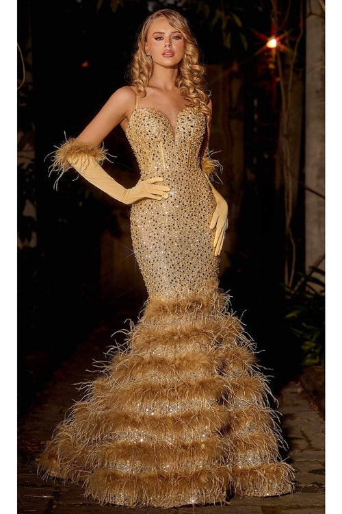 Portia and Scarlett PS24037 -long- Trumpet Prom Dress with Feather Details - Cinderella-Blue / Dress