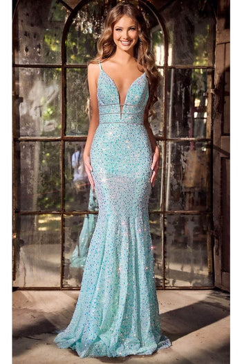 Portia and Scarlett PS24041 -long- Sequin Plunge Prom Dress - Celeste-Blue / 00 - Dress