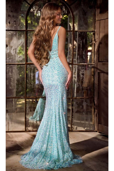 Portia and Scarlett PS24041 -long- Sequin Plunge Prom Dress - Celeste-Blue / 2 - Dress