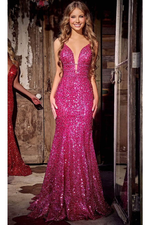 Portia and Scarlett PS24041 -long- Sequin Plunge Prom Dress - Celeste-Blue / 20 - Dress