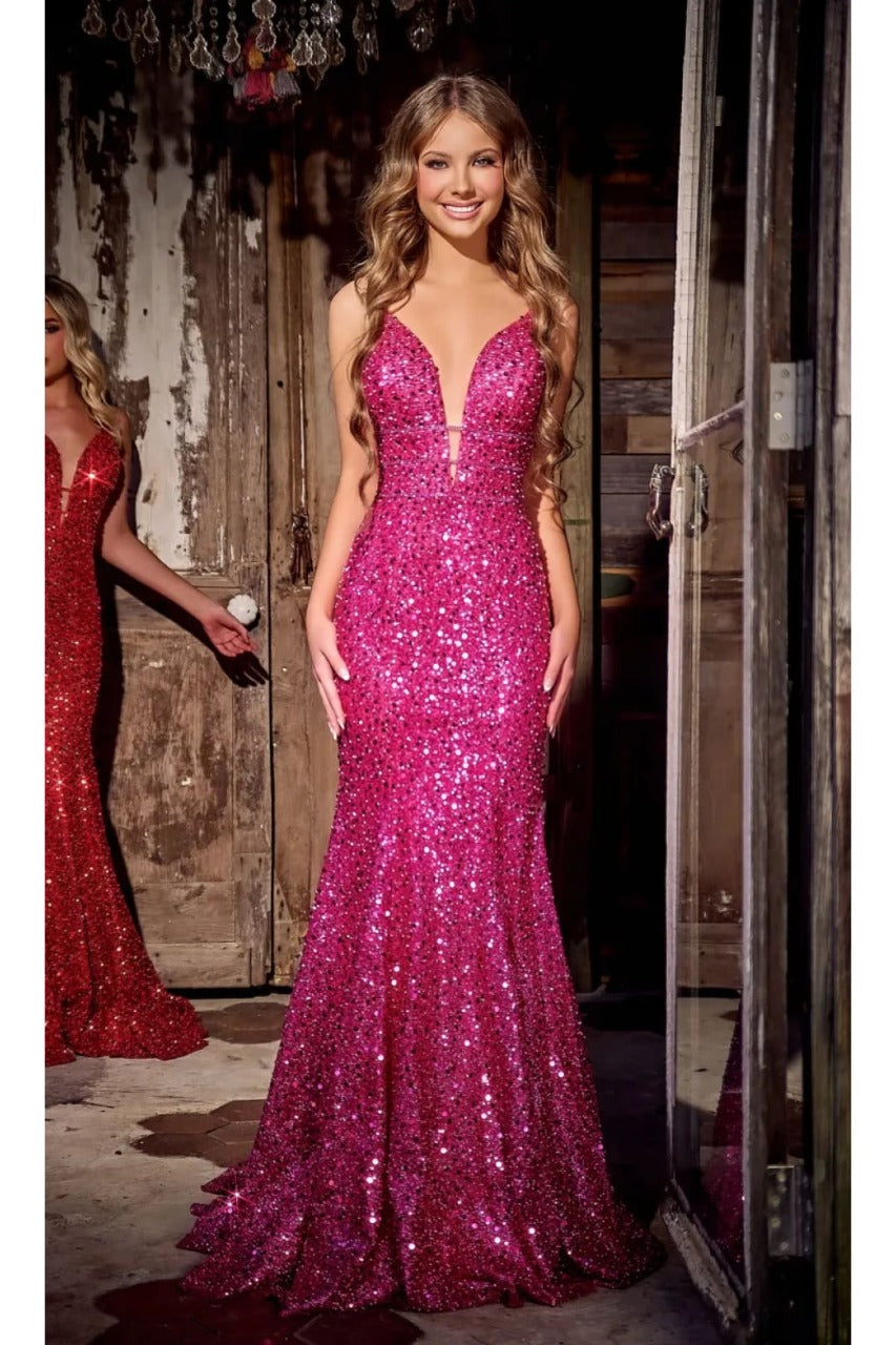 Portia and Scarlett PS24041 Plunging Neck Sequin Mermaid long Dress