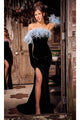 Portia and Scarlett PS24049 -long- Velvet Prom Dress with Feathers - Black-Blue / 00 - Dress