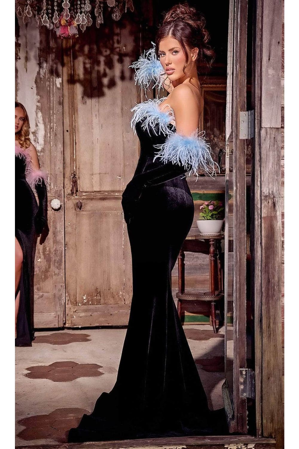 Portia and Scarlett PS24049 Velvet Prom Dress with Feathers