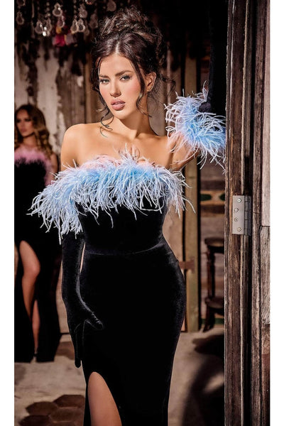 Portia and Scarlett PS24049 -long- Velvet Prom Dress with Feathers - Black-Blue / 18 - Dress