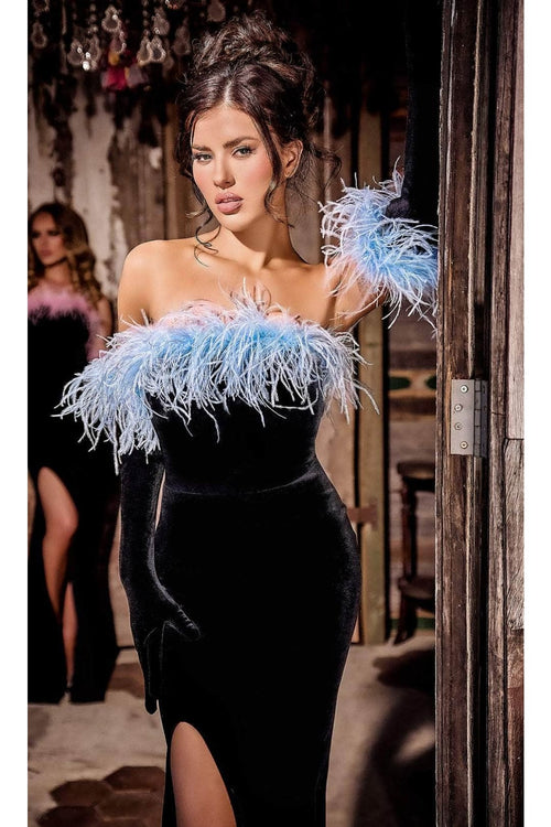 Portia and Scarlett PS24049 -long- Velvet Prom Dress with Feathers - Black-Blue / 18 - Dress