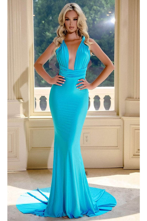 Portia and Scarlett PS24053X -long- Ruched Prom Dress with Plunging Neckline - Aqua / 00 - Dress