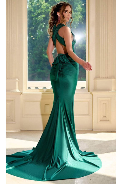 Portia and Scarlett PS24053X -long- Ruched Prom Dress with Plunging Neckline - Aqua / 20 - Dress