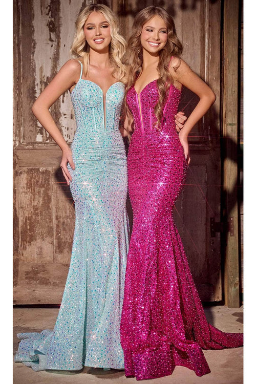 Portia and Scarlett PS24055 -long- Sequin Plunge Prom Dress - Celeste-Blue / 00 - Dress