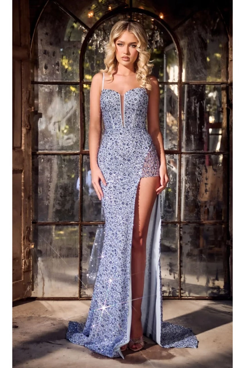 Portia and Scarlett PS24057 Lace-Up Sequin High Slit Evening Dress