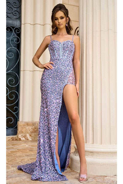 Portia and Scarlett PS24057 -long- Lace-Up Sequin Prom Dress - Blue / 4 - Dress