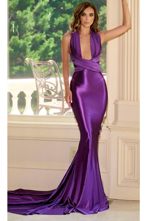 Portia and Scarlett PS24091X -long- Sleek Prom Dress with Plunging Neckline - Blue / 24 - Dress