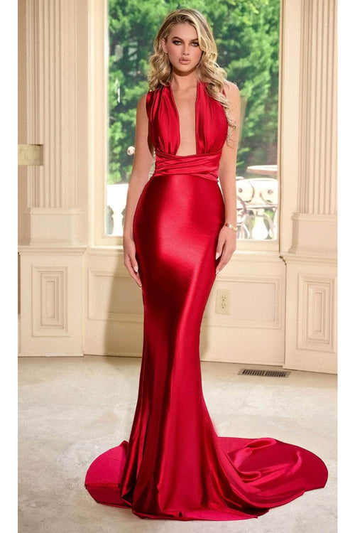 Portia and Scarlett PS24091X -long- Sleek Prom Dress with Plunging Neckline - Blush / Dress