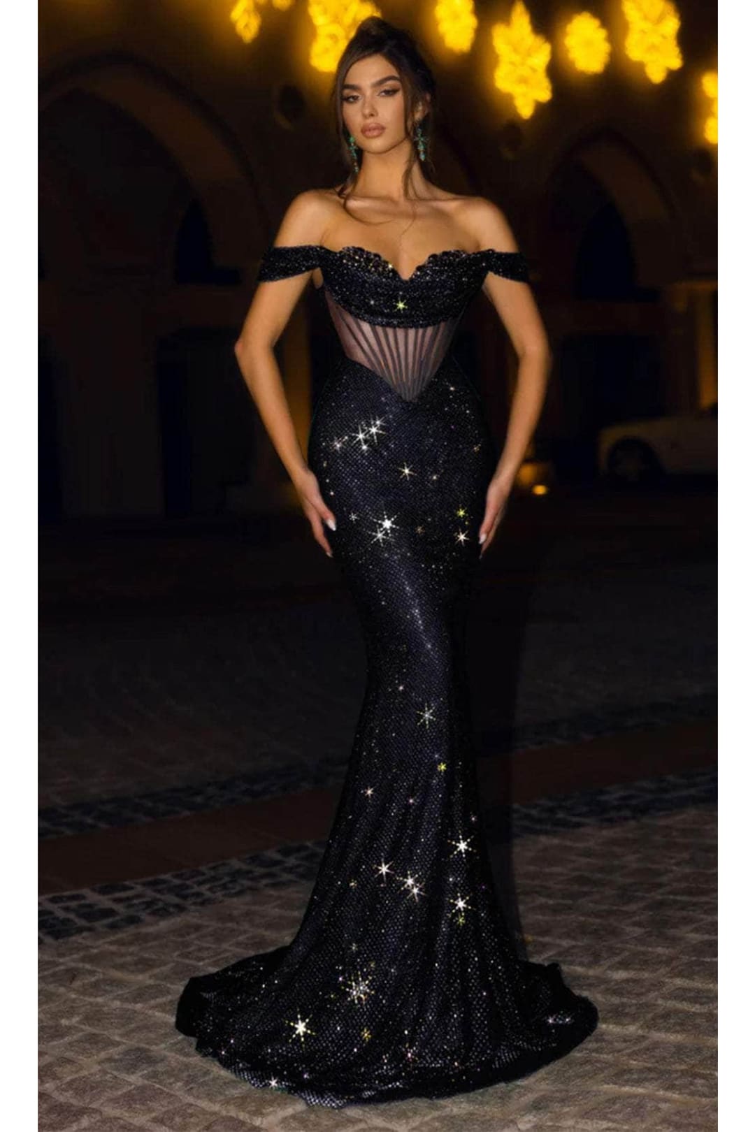 Portia and Scarlett PS24112 -long- Evening Gown with Corset Bodice and Beading - Black / 00 - Dress