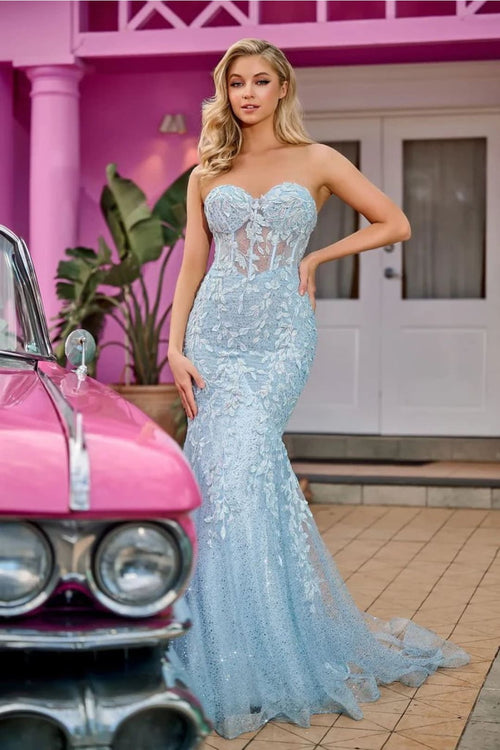 Portia and Scarlett PS24144 -long- Mermaid Prom Gown with Lace Appliqués - Blue / 2 - Dress