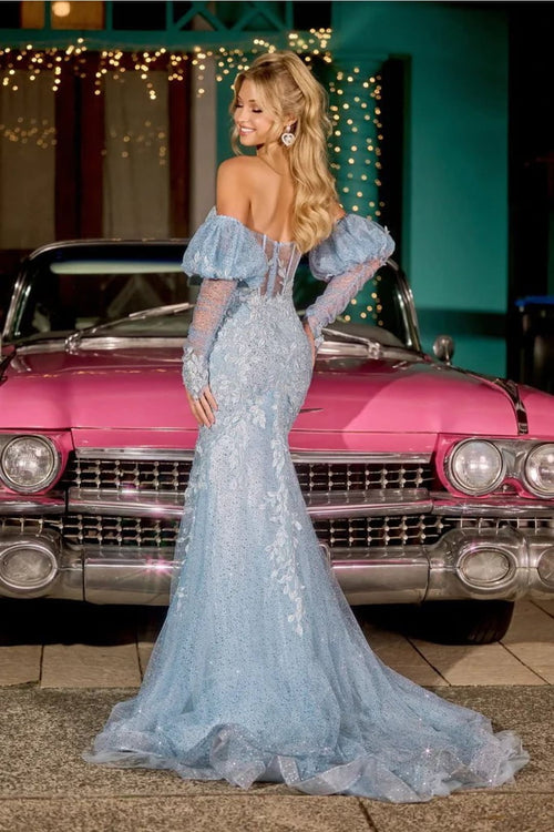 Portia and Scarlett PS24144 -long- Mermaid Prom Gown with Lace AppliquÃ©s - Blue / 8 - Dress