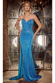 Portia and Scarlett PS24181 - long-Rhinestone Ornate Prom Dress with Slit - Blue / 00 - Dress