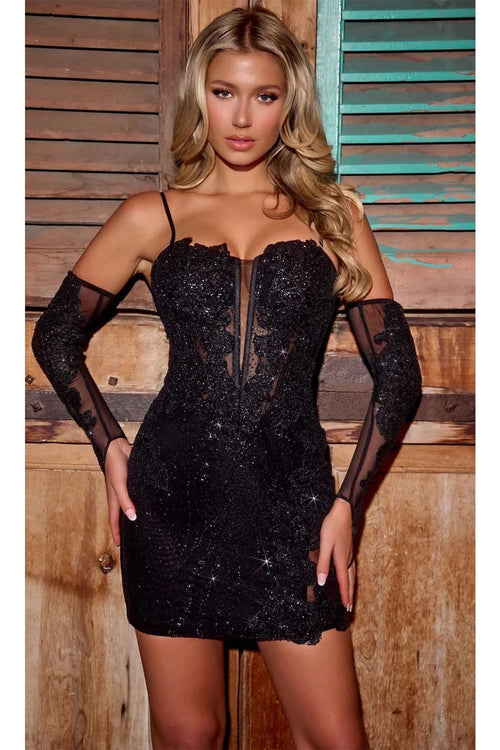 Portia and Scarlett PS24215 -short- Corset Cocktail Dress with Appliqués - Black / 00 - Dress