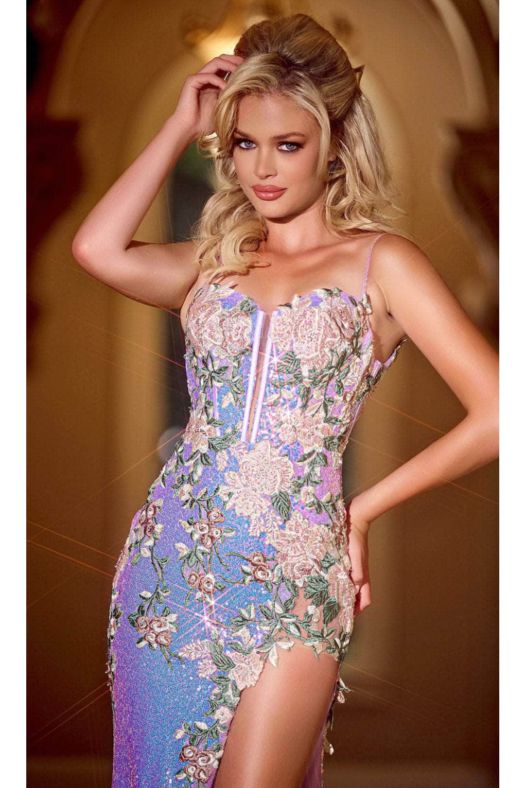 Portia and Scarlett PS24221 -long- Floral Embroidered Prom Dress - Blue / 12 - Dress