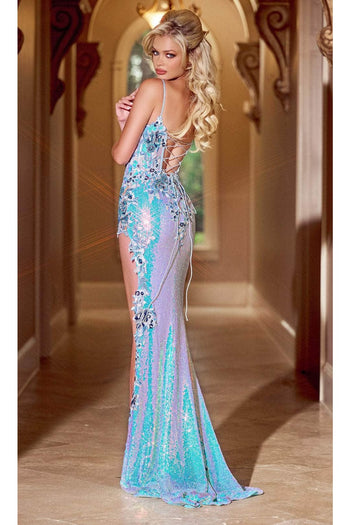 Portia and Scarlett PS24221 -long- Floral Embroidered Prom Dress - Blue / 2 - Dress
