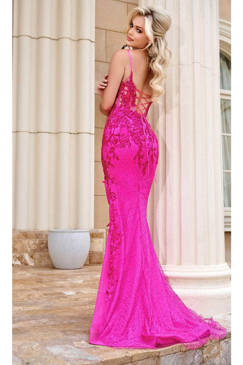 Portia and Scarlett PS24241 -long- AppliquÃ© Prom Dress with Lace-Up Design - Blue / 2 - Dress