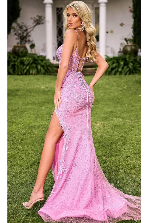 Portia and Scarlett PS24241 -long- AppliquÃ© Prom Dress with Lace-Up Design - Blue / 8 - Dress