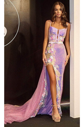 Portia and Scarlett PS24246 - long- Corset Prom Dress with Floral Ornaments - Pink / 8 - Dress