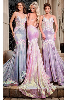 Portia and Scarlett PS24250 -long- Iridescent Prom Gown with Floral AppliquÃ©s