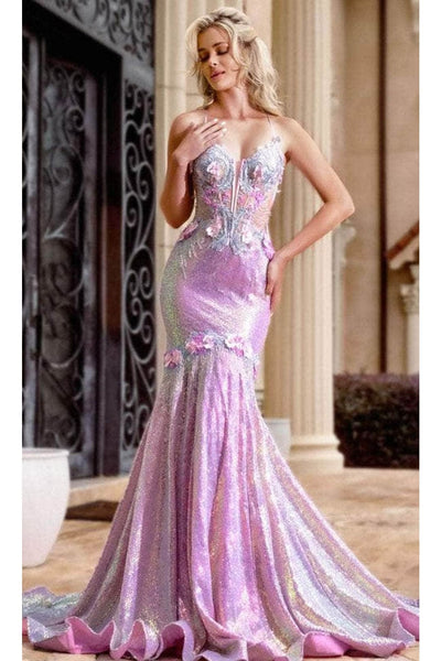 Portia and Scarlett PS24250 -long- Iridescent Prom Gown with Floral AppliquÃ©s - Blue / 2 - Dress