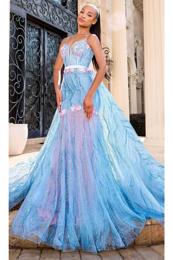 Portia and Scarlett PS24251 -long- Plunging Sweetheart Overskirt Prom Gown for a Dramatic Look - Blue / 00 - Dress