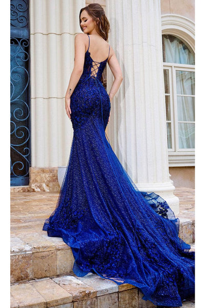 Portia and Scarlett PS24252 -long- Lace Corset Design Prom Dress - Blue / 10 - Dress