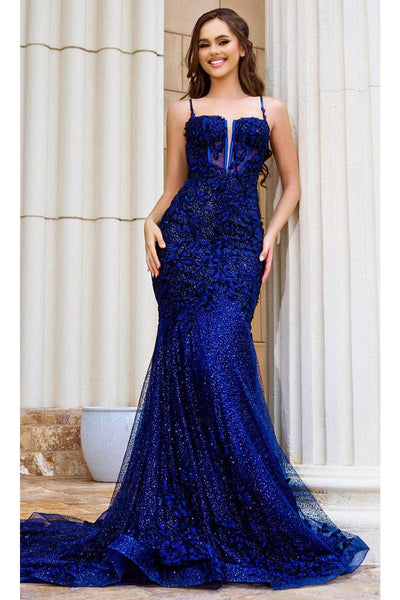 Portia and Scarlett PS24252 -long- Lace Corset Design Prom Dress - Blue / 12 - Dress