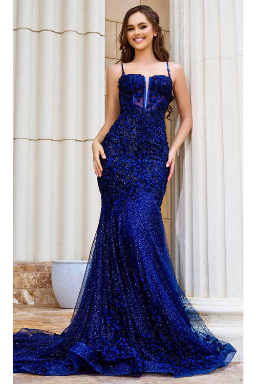 Portia and Scarlett PS24252 -long- Lace Corset Design Prom Dress - Blue / 12 - Dress