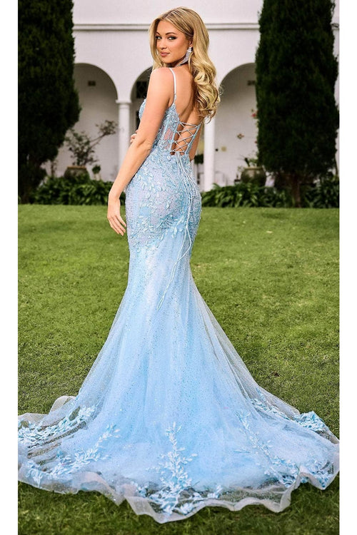 Portia and Scarlett PS24252 -long- Lace Corset Design Prom Dress - Blue / 14 - Dress