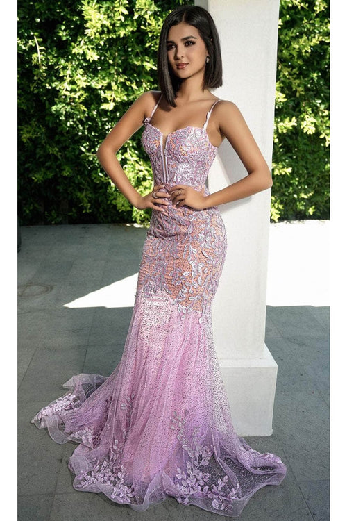 Portia and Scarlett PS24252 -long- Lace Corset Design Prom Dress - Blue / 2 - Dress