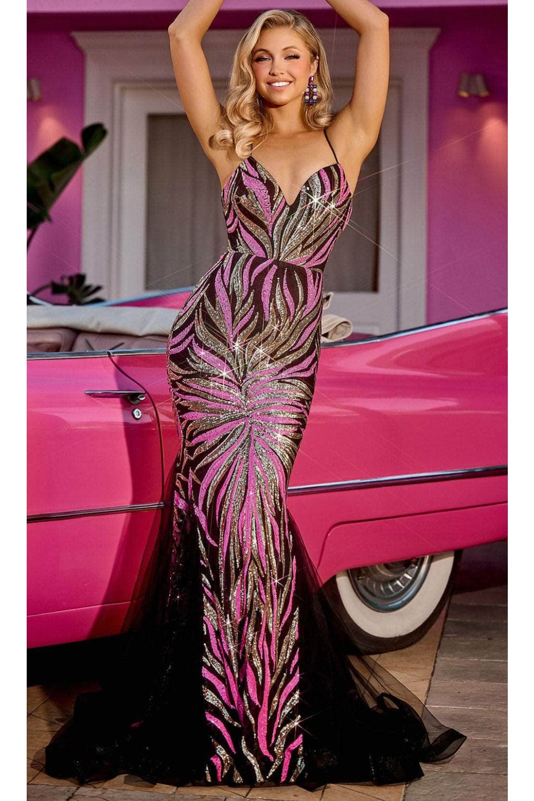 Portia and Scarlett PS24264 -long- V-Neck Godets Mermaid Prom Gown for a Classic Silhouette - Black-Pink-Gold / 00 - Dress