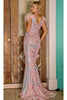 Portia and Scarlett PS24288 -long- Feathered Cap Sleeve Sequin Prom Gown for a Unique Flair - Pink-Multi / 2 - Dress