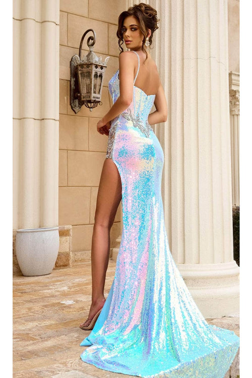 Portia and Scarlett PS24292 -long- Prom Dress with Jeweled High Slit - Blue / 6 - Dress