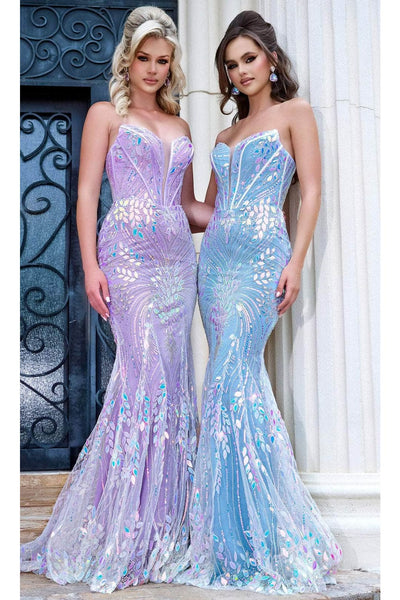 Portia and Scarlett PS24316 -long- Strapless Prom Gown with Corset Bodice - Blue / 10 - Dress