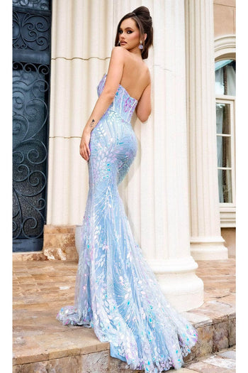 Portia and Scarlett PS24316 -long- Strapless Prom Gown with Corset Bodice - Blue / 2 - Dress