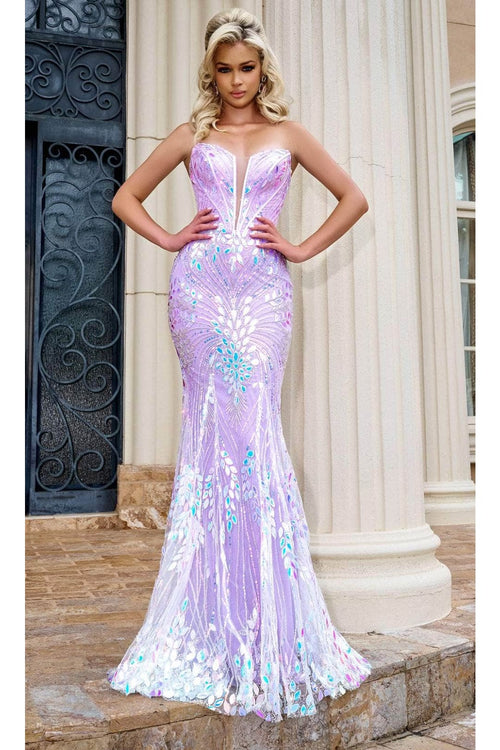 Portia and Scarlett PS24316 -long- Strapless Prom Gown with Corset Bodice - Blue / 8 - Dress