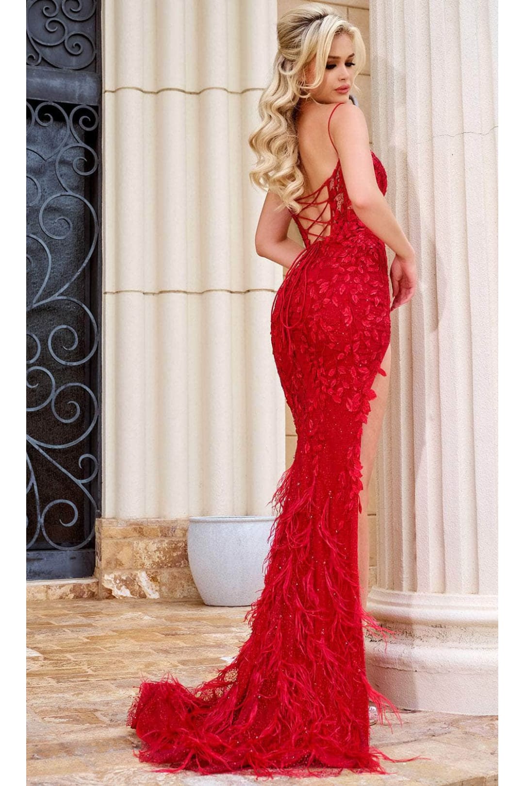 Portia and Scarlett PS24325 -long- Sleeveless Leaf Appliqued Prom Gown for a Nature-Inspired Style - Red / 18 - Dress