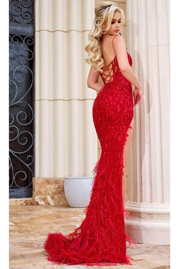 Portia and Scarlett PS24325 -long- Sleeveless Leaf Appliqued Prom Gown for a Nature-Inspired Style - Red / 18 - Dress