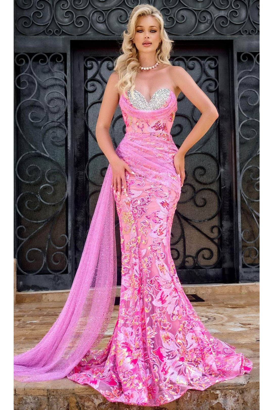 Portia and Scarlett PS24340 -long- Strapless Beaded Prom Gown - Pink-Multi / 00 - Dress
