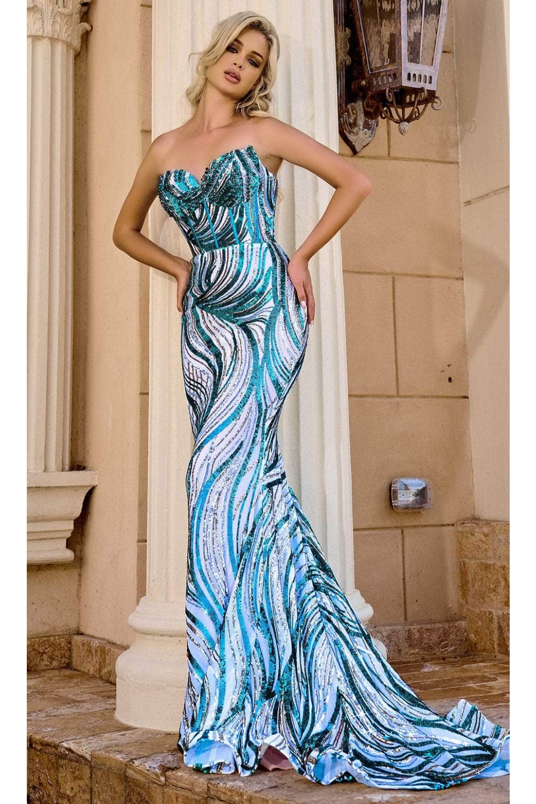 Portia and Scarlett PS24341 -long- Sweetheart Prom Gown Fully Covered in Sequins - Blue-Multi / 00 - Dress