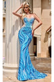 Portia and Scarlett PS24344 -long-Illusion Side V-Neck Prom Gown - Blue-Multi / 00 - Dress