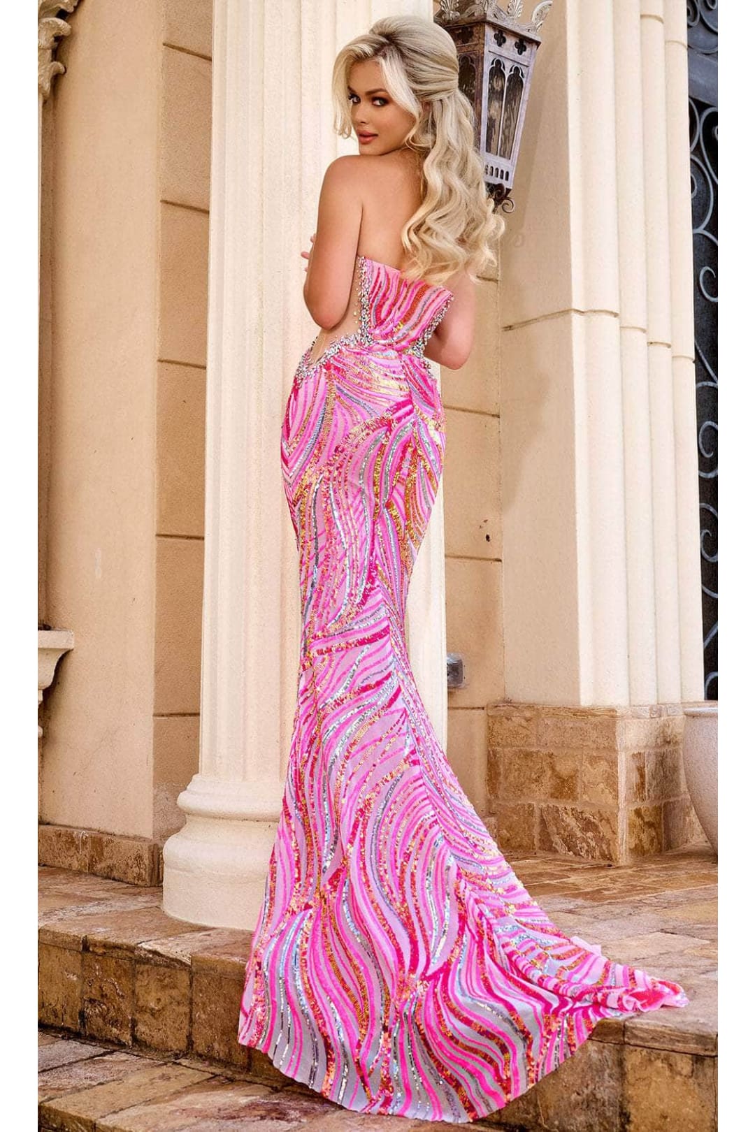 Portia and Scarlett PS24344 -long-Illusion Side V-Neck Prom Gown - Blue-Multi / 24 - Dress